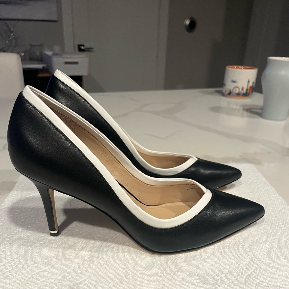 WHBM Size 8 Leather Heels (Holly Black & Ecru Pumps). Very good condition.